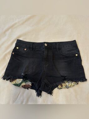 Black Denim Shorts with Sequin Camo Pockets